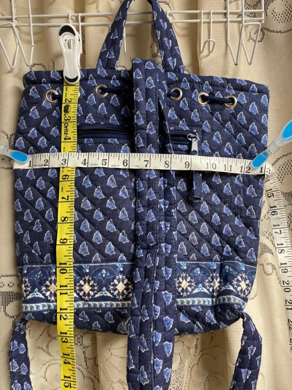 Navy Quilted Floral Print Backpack Tote Bag